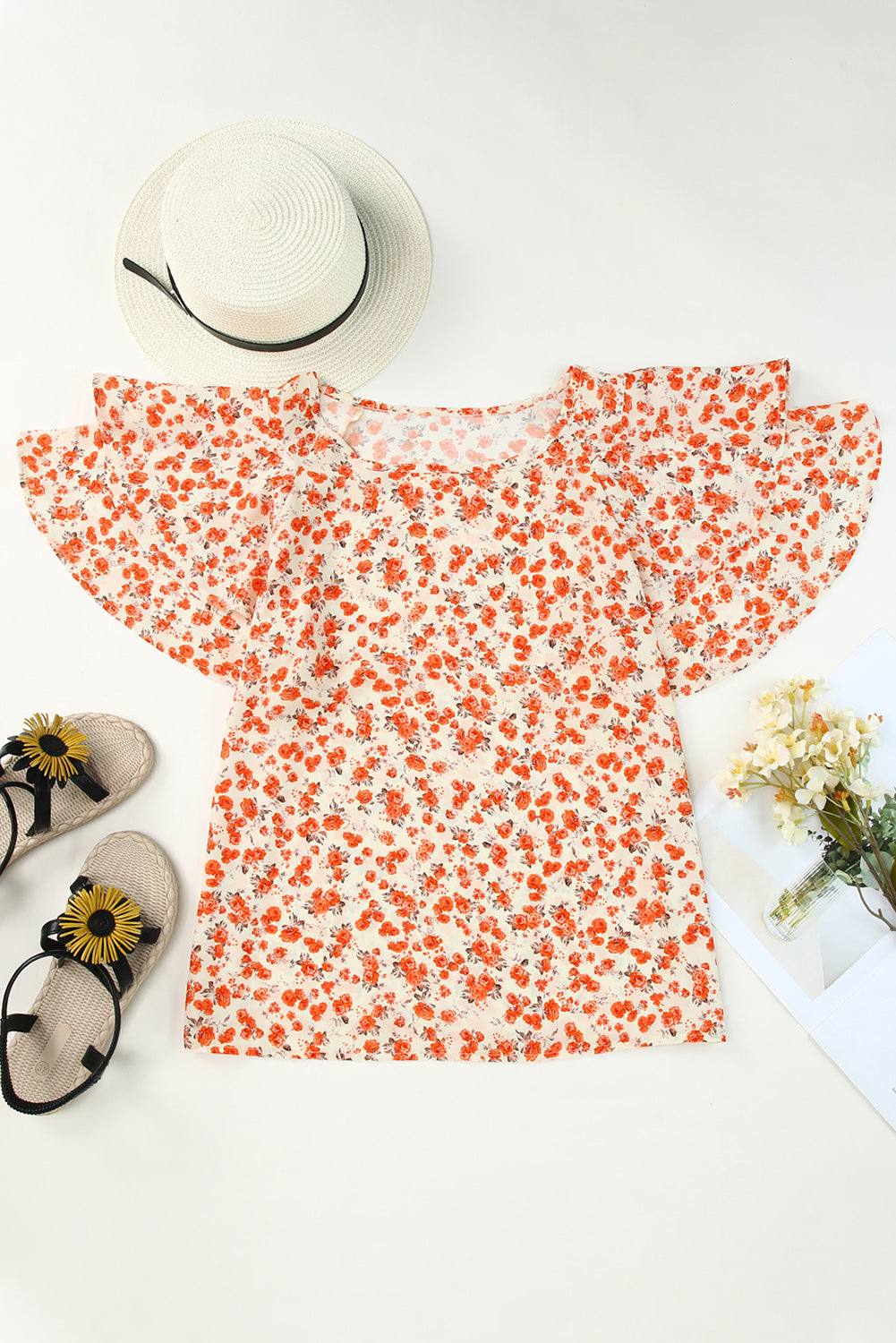 Floral Round Neck Flutter Sleeve Blouse - ClassiQ