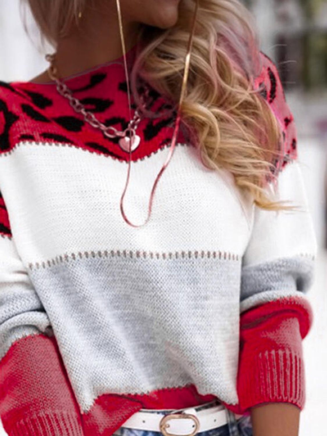 Leopard Color Block Round Neck Long Sleeve Sweater - ClassiQ
