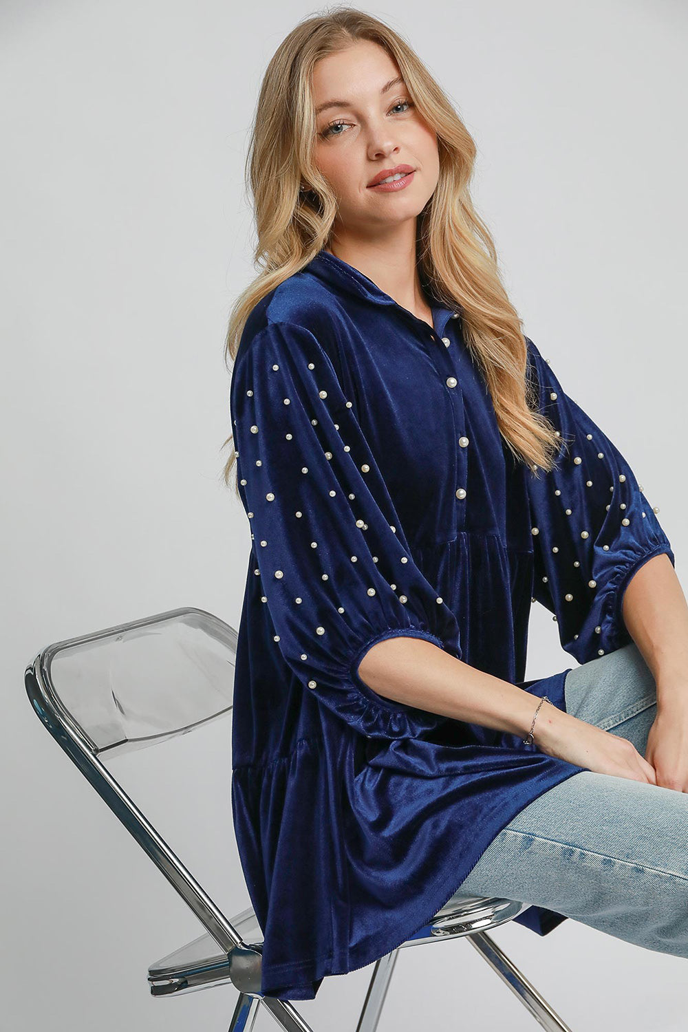 Umgee Pearl Detail Collared Neck Velvet Babydoll Blouse - Classique Collection