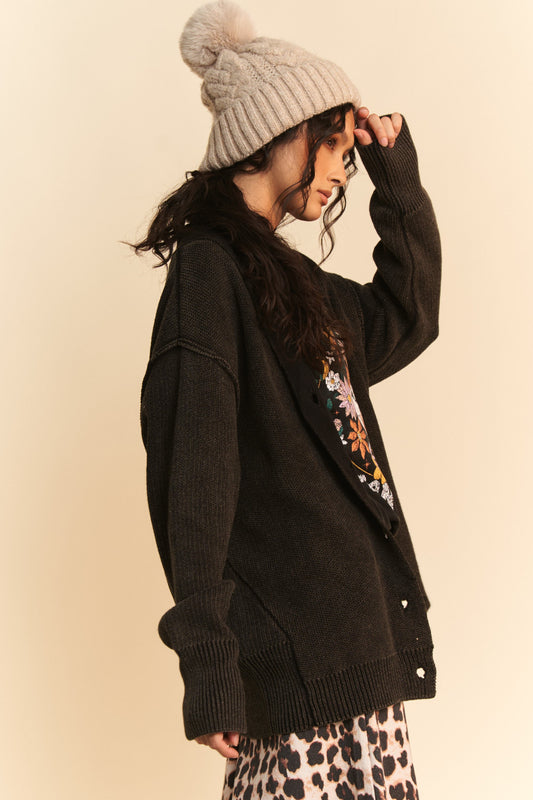 Davi & Dani Shawl Collar Ribbed Detail Button Up Cardigan - Classique Collection