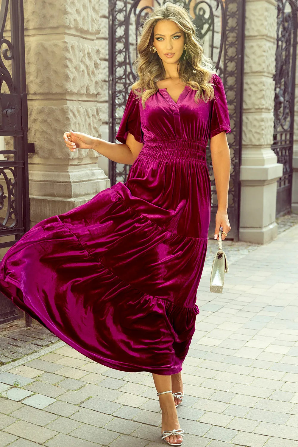 Tiered Notched Short Sleeve Dress with Pockets - Classique Collection