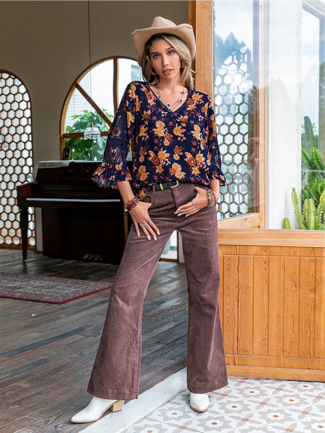 Floral V-Neck Crochet Blouse - Classique Collection