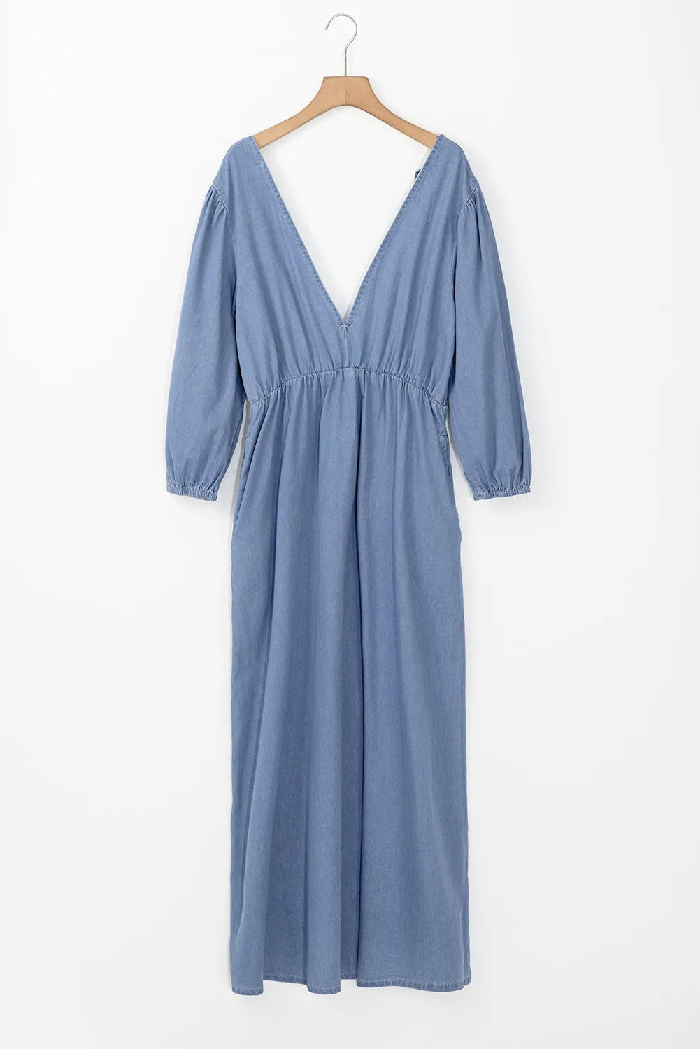 Tied Plunge Three-Quarter Sleeve Denim Dress - Classique Collection