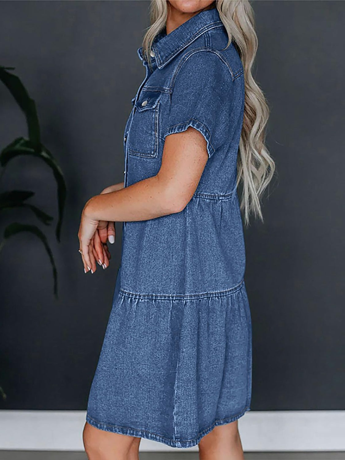 Pocketed Button Up Collared Neck Short Sleeve Denim Dress - Classique Collection
