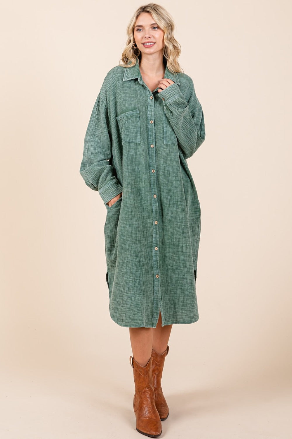 Mittoshop Mineral Wash Cotton Gauze Midi Shirt Dress - Classique Collection