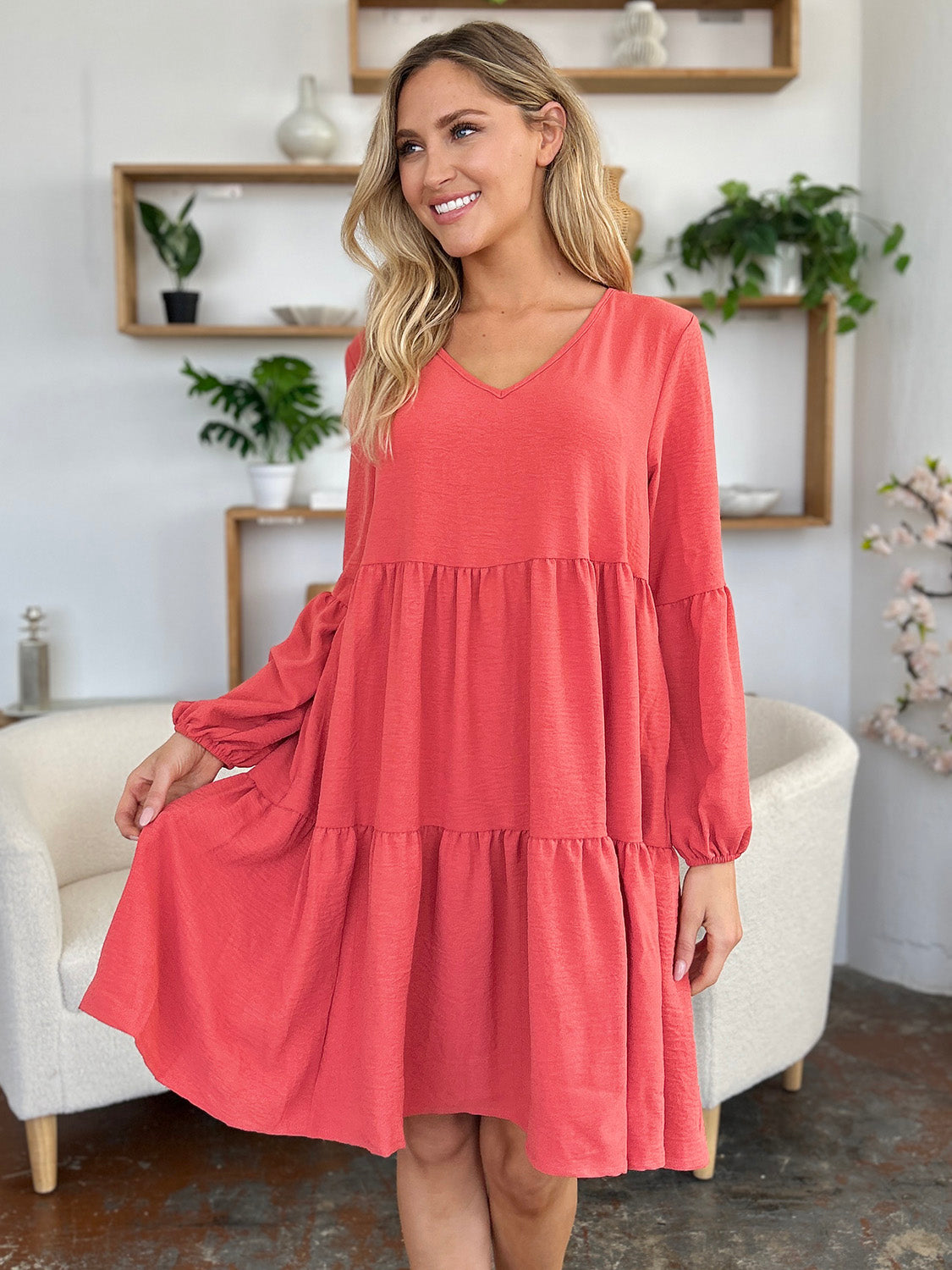 Double Take Full Size V-Neck Balloon Sleeve Tiered Dress with Pockets - Classique Collection