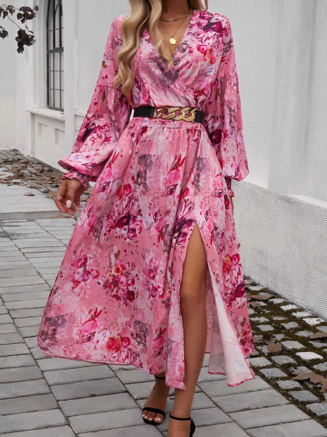 Devine Split Printed Surplice Long Sleeve Midi Dress - Classique Collection