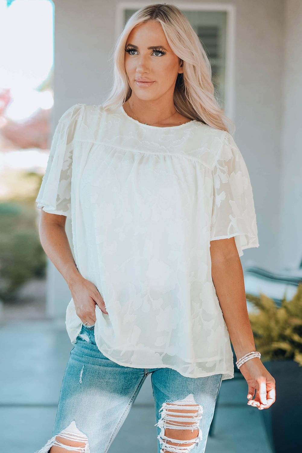 Round Neck Puff Sleeve Blouse - Classique Collection