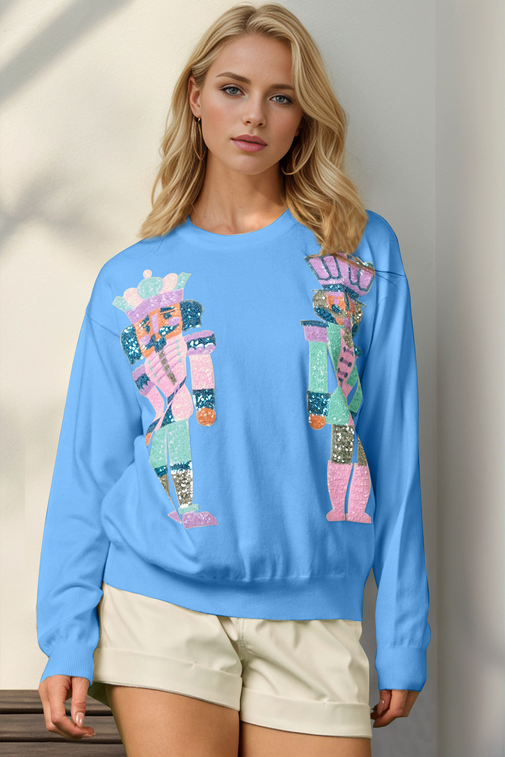 Double Take Full Size Sequin Nutcracker Long Sleeve Sweater - ClassiQ