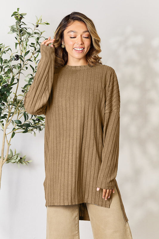 Basic Bae Full Size Ribbed Round Neck Long Sleeve Slit Top - Classique Collection
