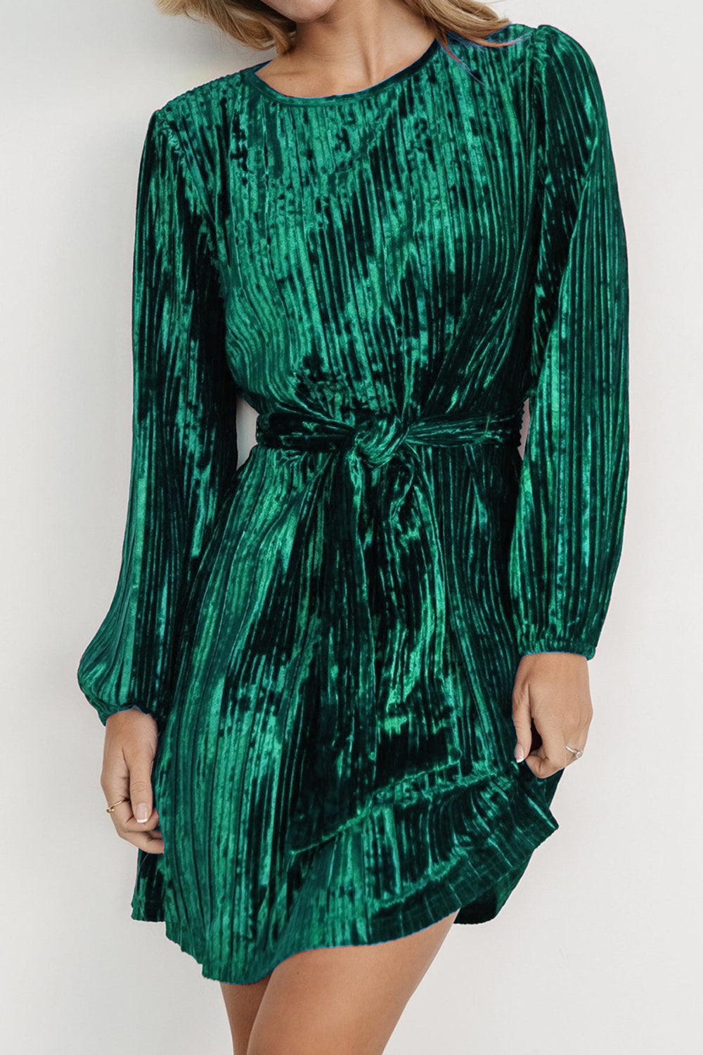 Velvet Round Neck Tie Waist Long Sleeve Mini Dress - Classique Collection