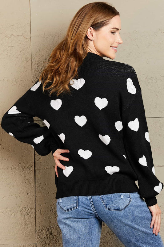 Woven Right Heart Pattern Lantern Sleeve Round Neck Tunic Sweater - ClassiQ