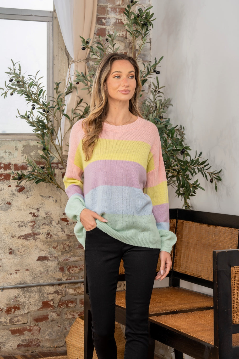 Sew In Love Full Size Color Block Round Neck Dropped Shoulder Sweater - ClassiQ
