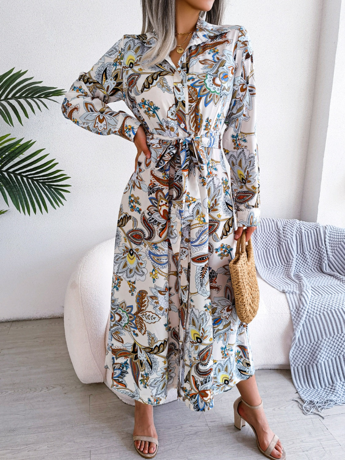 Tied Printed Long Sleeve Midi Dress - Classique Collection