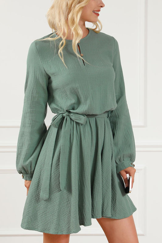 Round Neck Long Sleeve Tie Waist Dress - Classique Collection