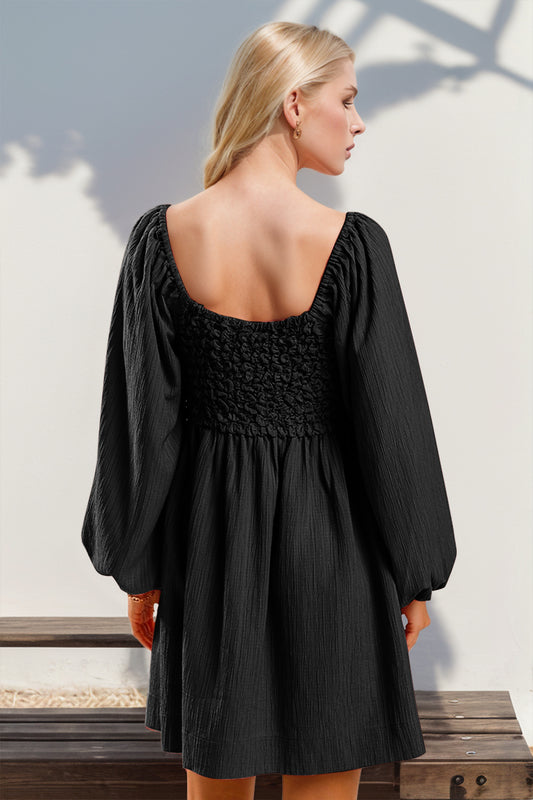 Double Take Texture Smocked Balloon Sleeve Mini Dress - Classique Collection