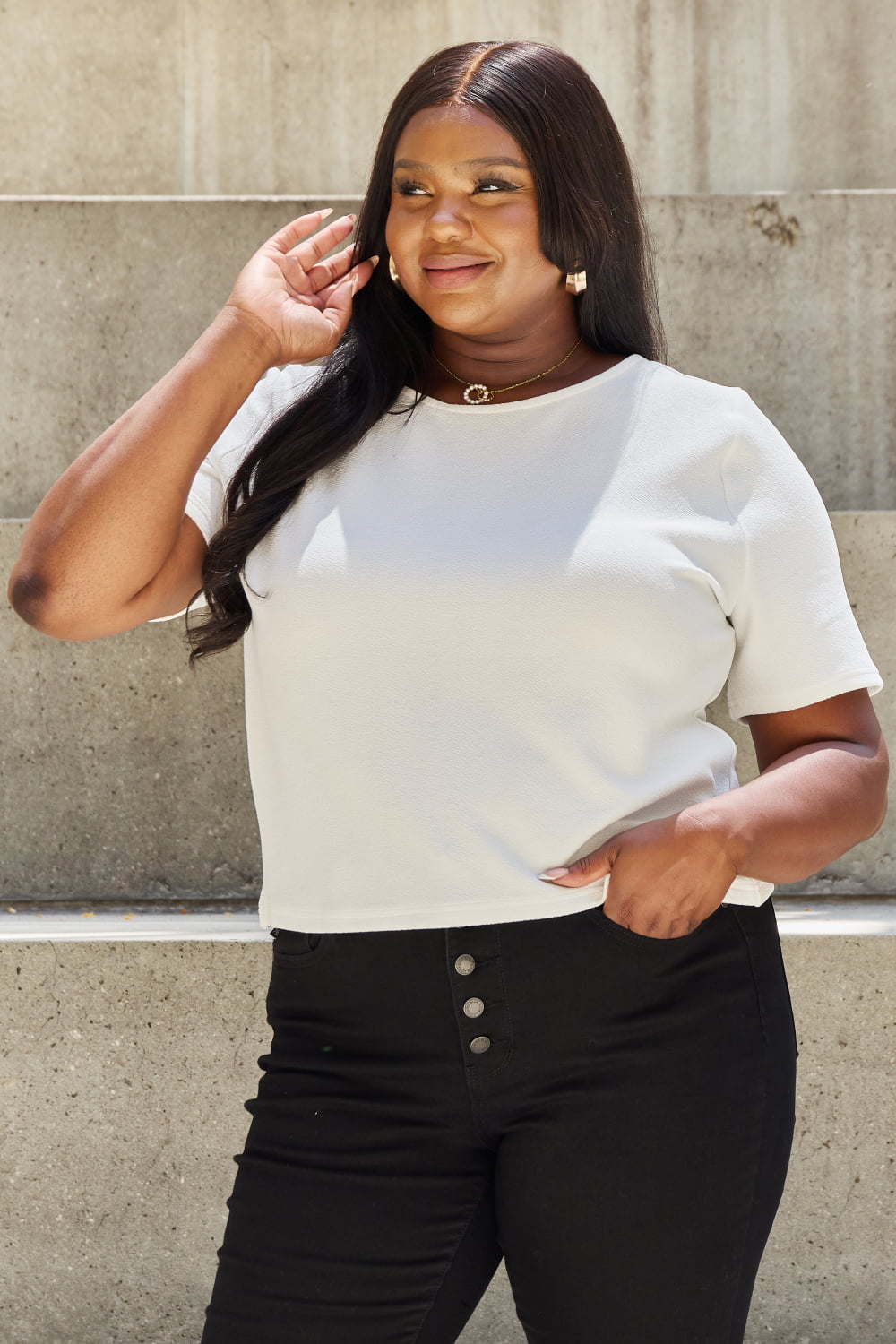 And The Why Pearly White Full Size Criss Cross Pearl Detail Open Back T-Shirt - Classique Collection
