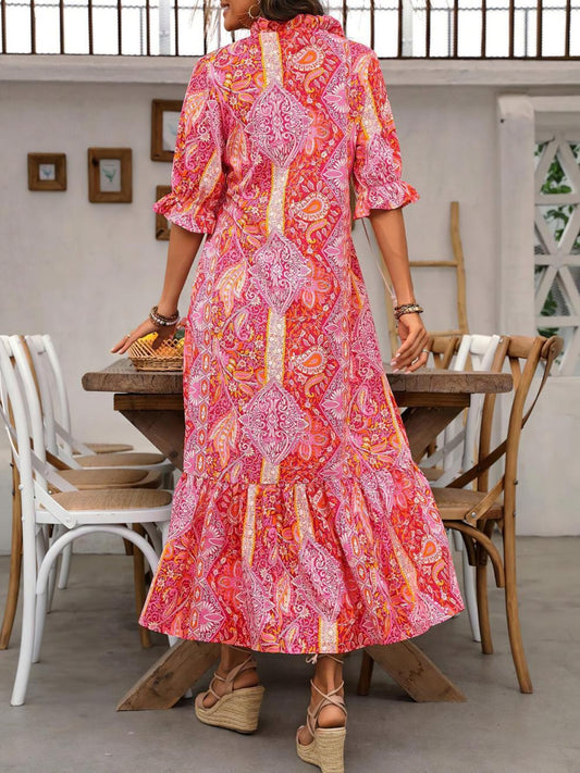 Printed Tie Neck Flounce Sleeve Midi Dress - Classique Collection
