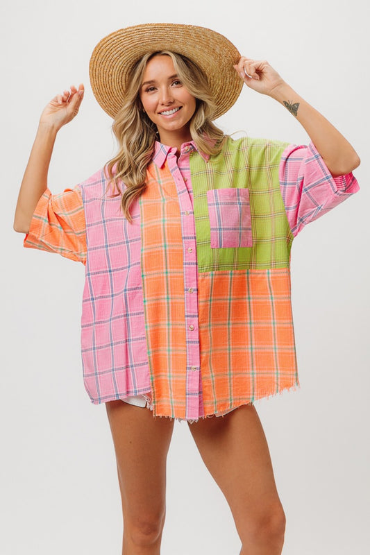 BiBi Plaid Collared Neck Half Sleeve Shirt - Classique Collection