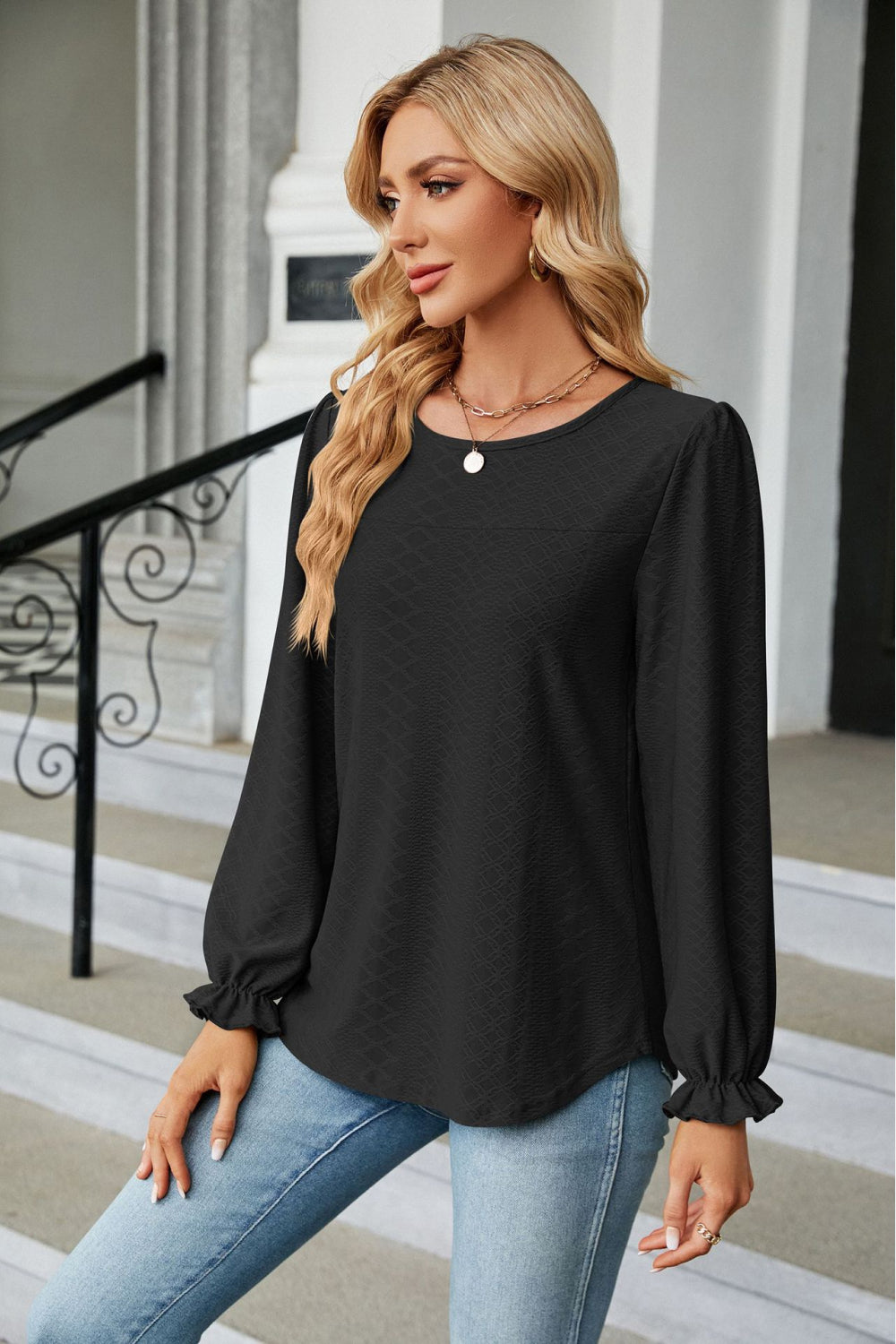 Round Neck Flounce Sleeve Blouse - Classique Collection