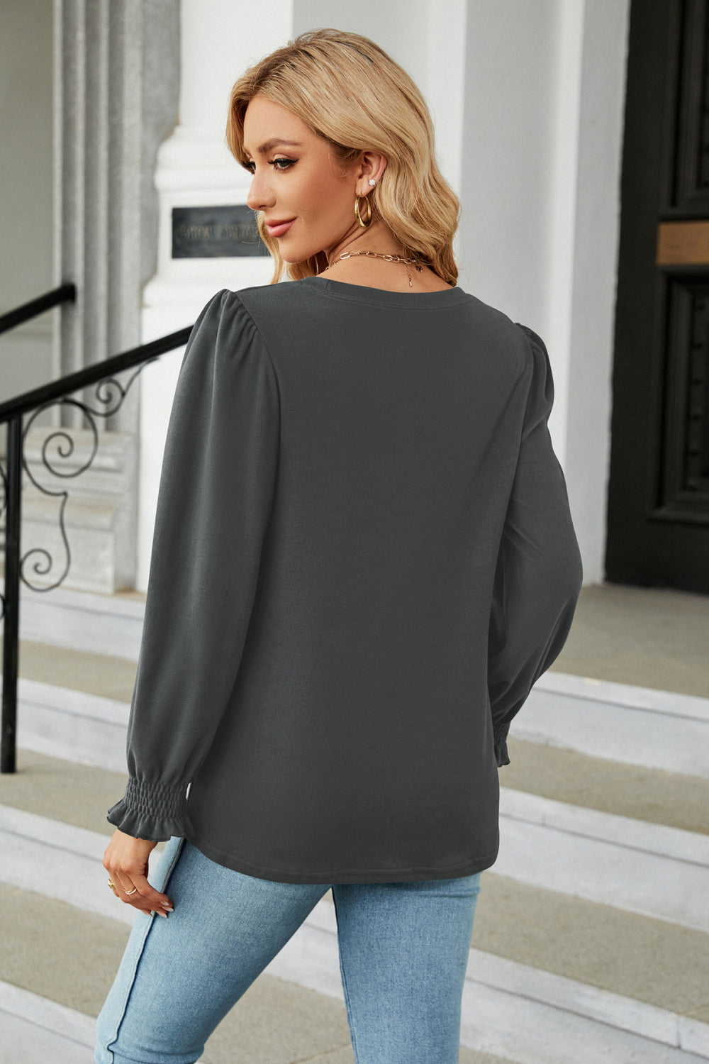 Round Neck Smocked Flounce Sleeve Blouse - Classique Collection