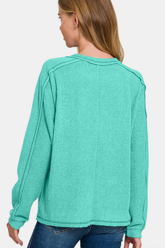 Zenana Full Size Contrast Stitching Brushed Ribbed Hacci Knit Top Plus Size - ClassiQ