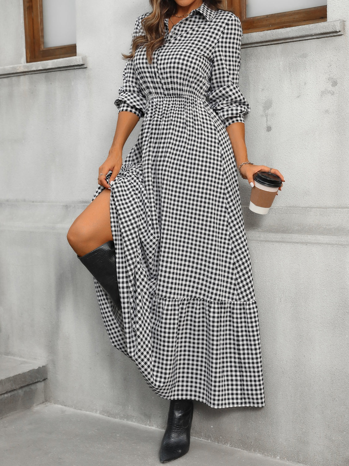 Honey Ruffle Hem Plaid Long Sleeve Dress - Classique Collection