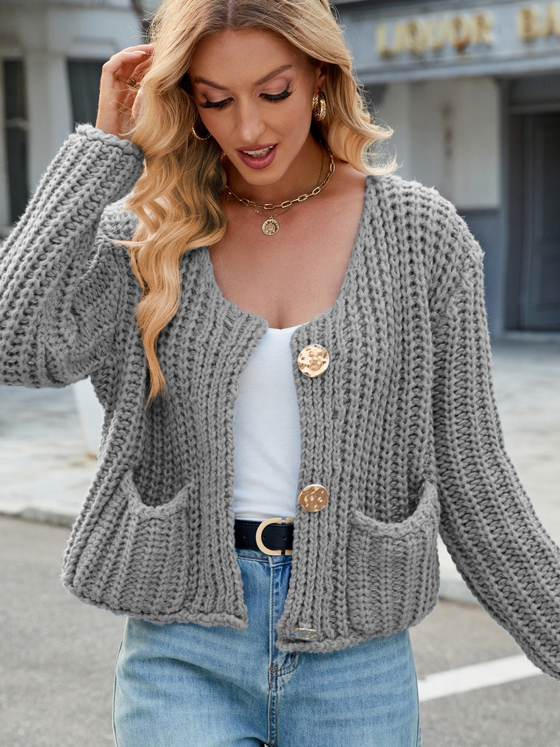 Round Neck Button Up Cardigan with Pockets - ClassiQ