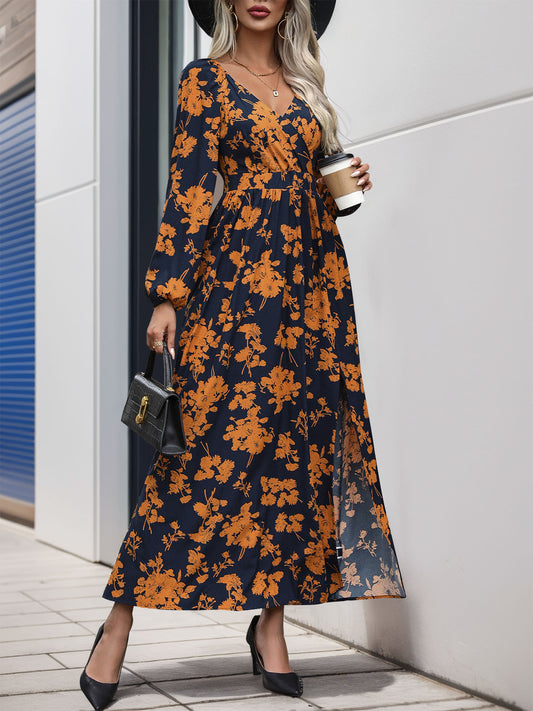 Perfee Split Printed Surplice Long Sleeve Midi Dress - Classique Collection
