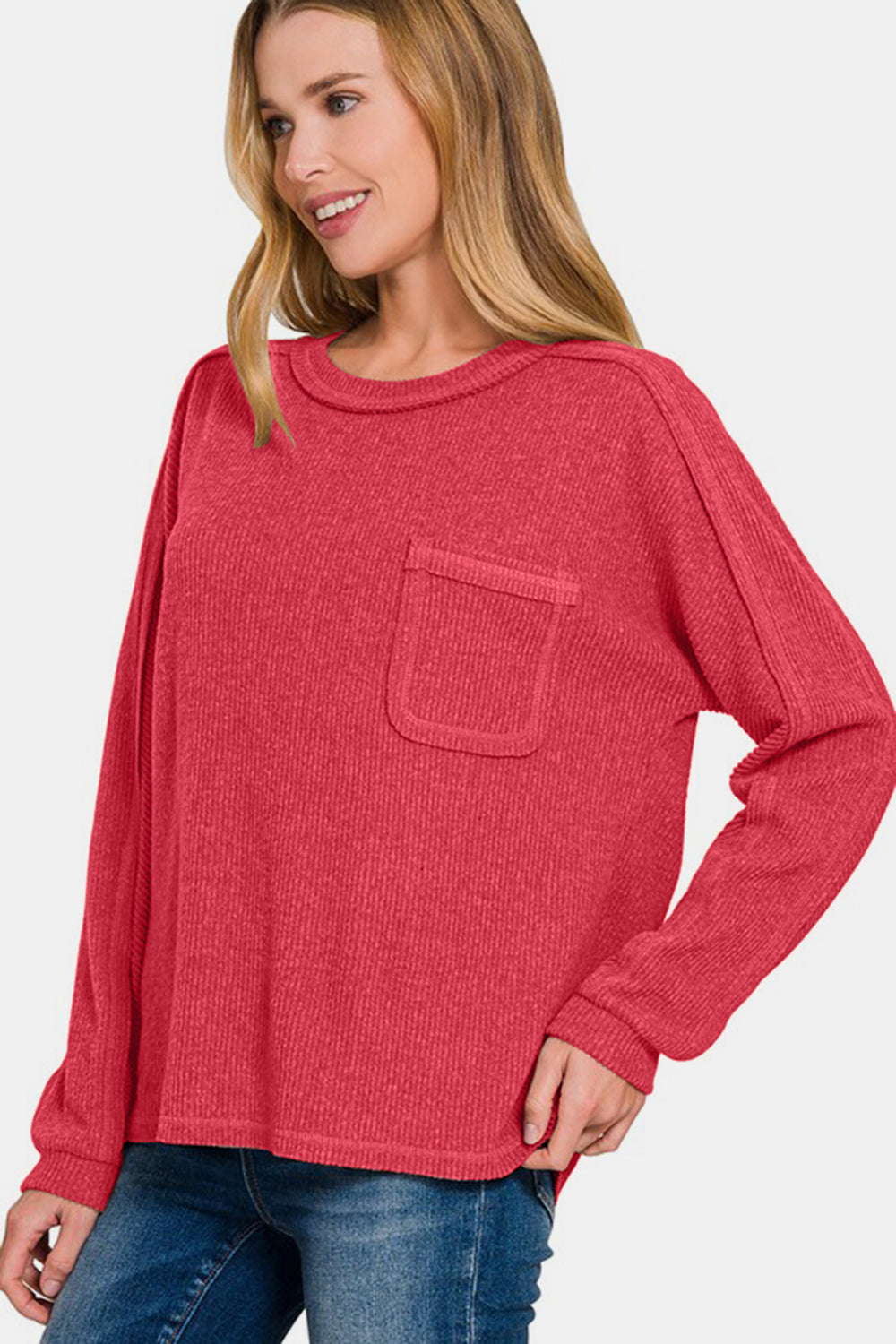 Zenana Full Size Contrast Stitching Brushed Ribbed Hacci Knit Top - Classique Collection