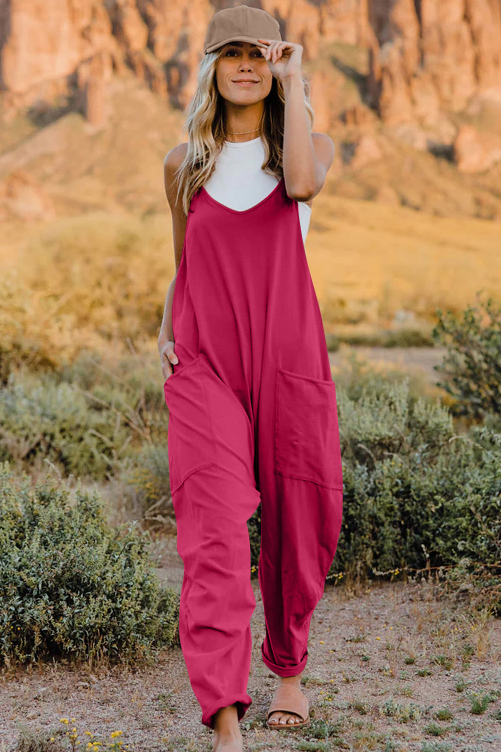 Double Take Full Size V-Neck Sleeveless Jumpsuit with Pockets - ClassiQ