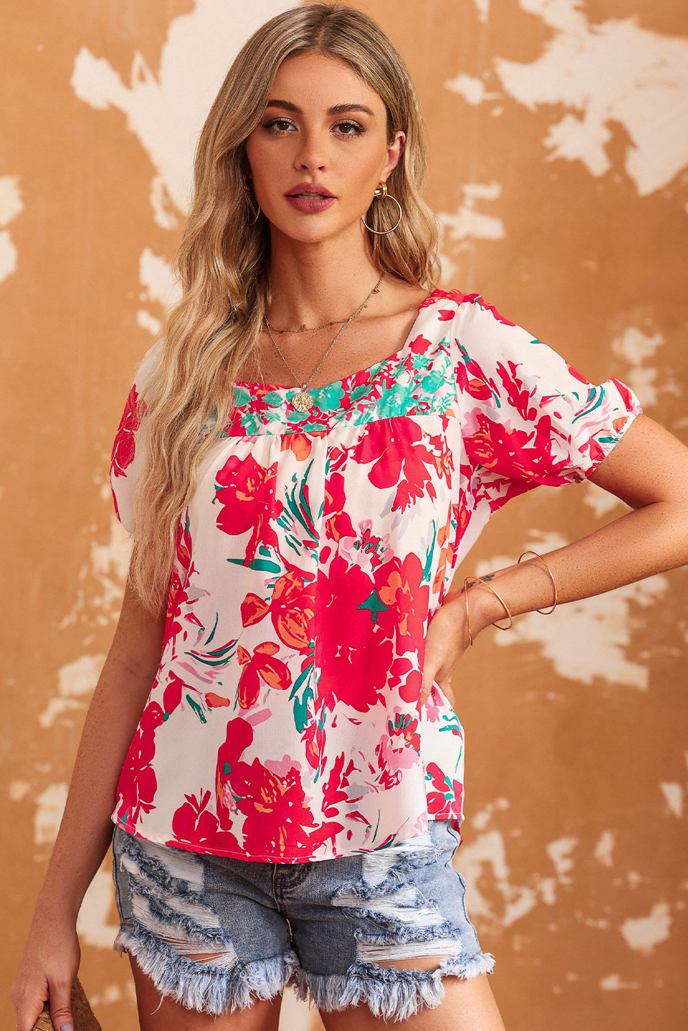 Floral Tie Back Square Neck Blouse - Classique Collection