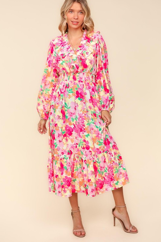 Haptics Full Size Floral Surplice Balloon Sleeve Dress with Side Pockets - Classique Collection