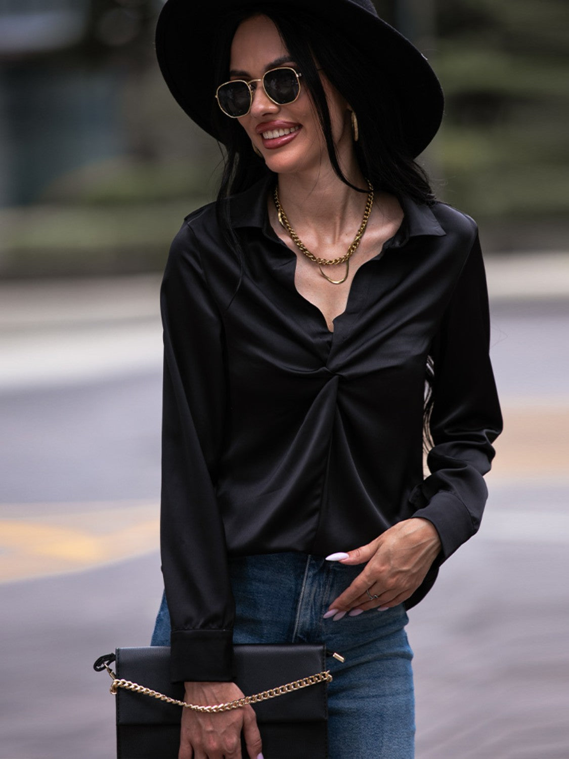 Shiny Twist Front Collared Blouse - Classique Collection