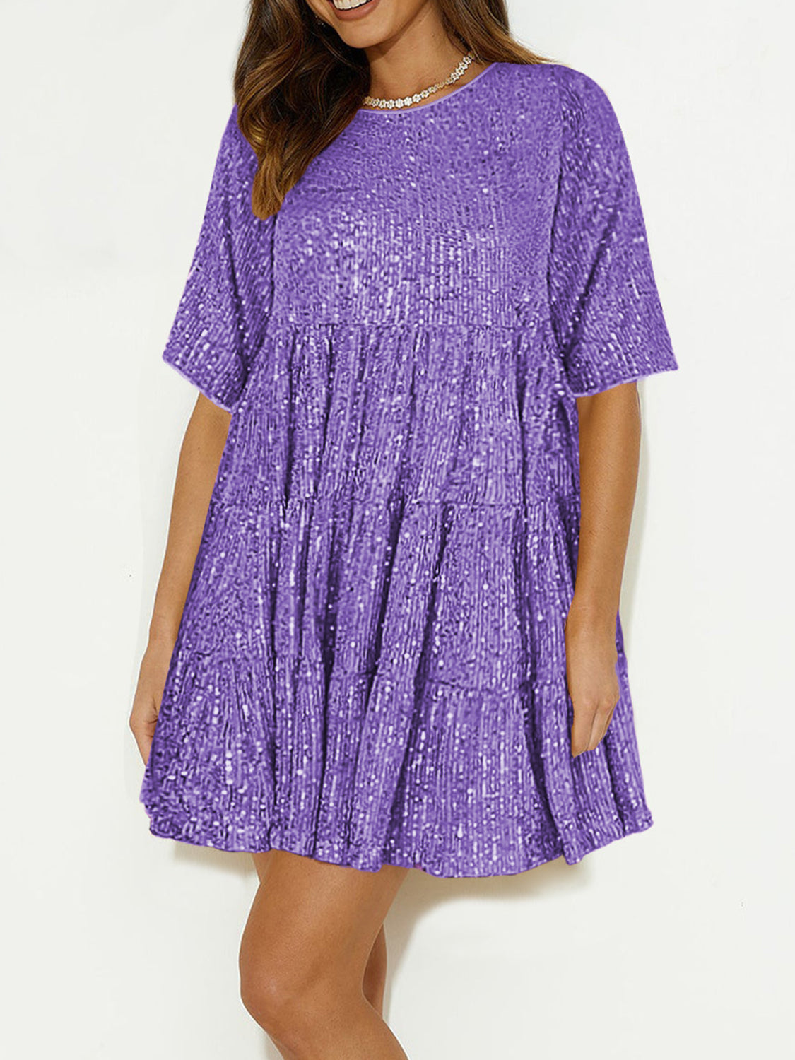 Sequin Round Neck Half Sleeve Mini Dress - Classique Collection