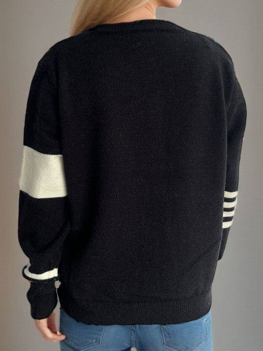 Striped Color Block Round Neck Cardigan - Classique Collection
