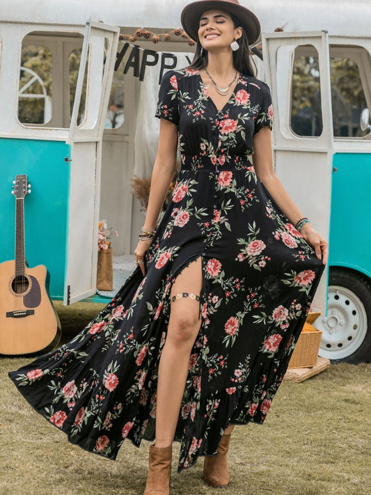 Split Printed V-Neck Short Sleeve Dress - Classique Collection