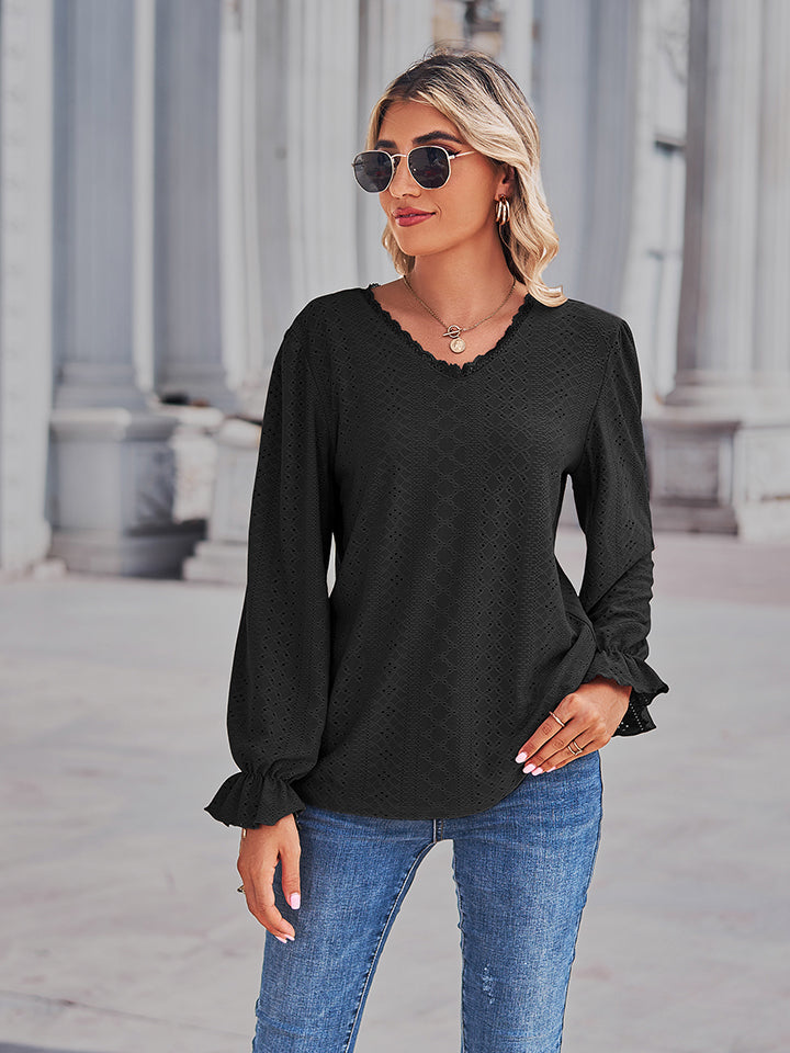 Eyelet V-Neck Flounce Sleeve Blouse - Classique Collection