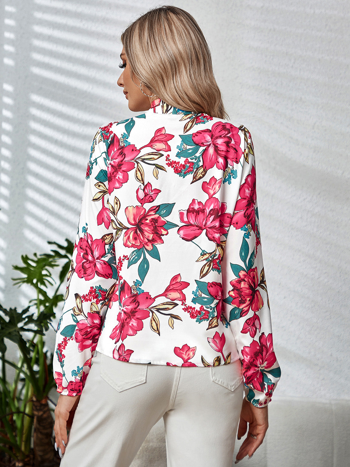 Printed Tie Neck Long Sleeve Blouse - Classique Collection