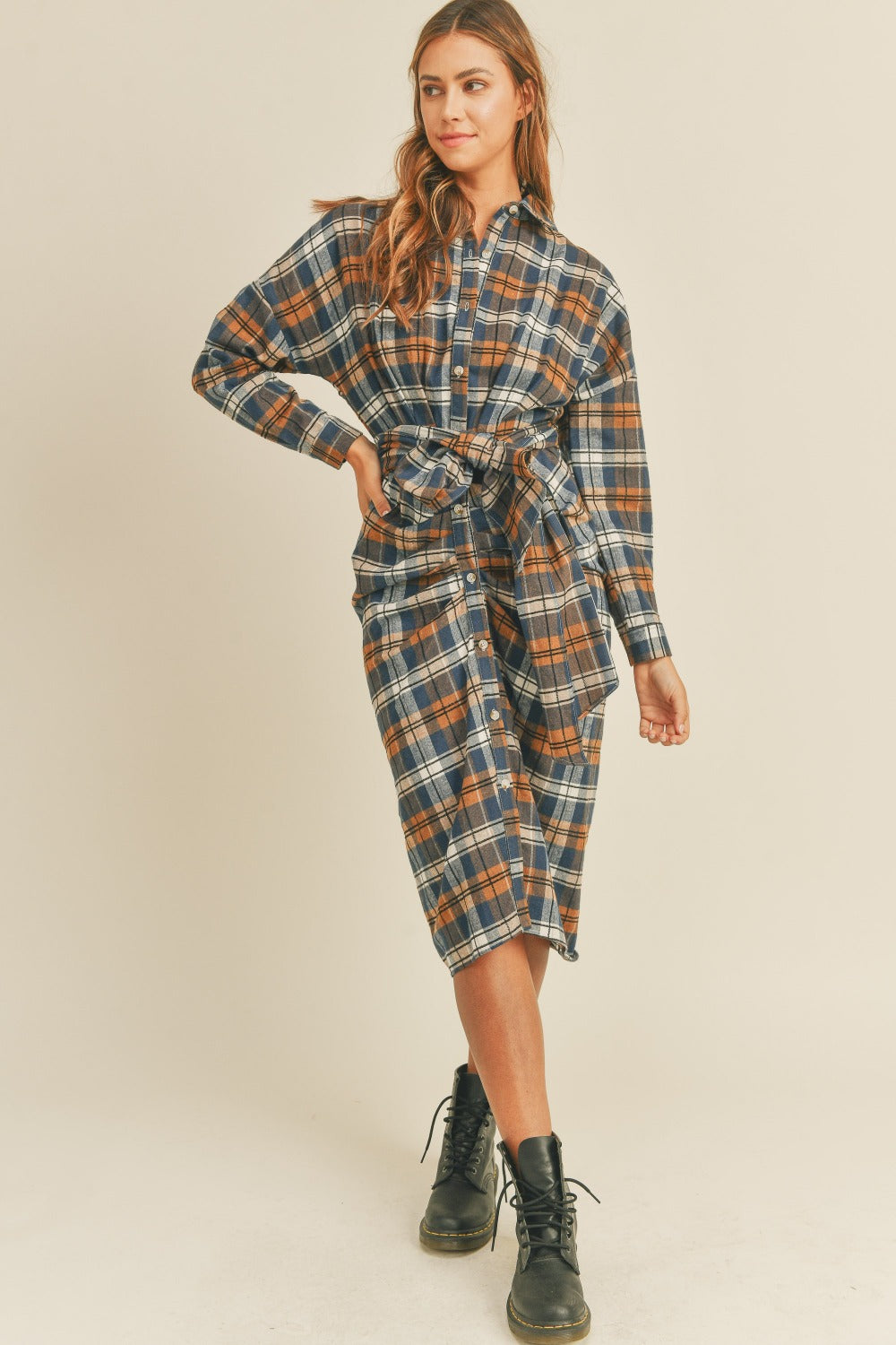 Mable Plaid Flannel Front Tie Button Down Shirt Dress - Classique Collection