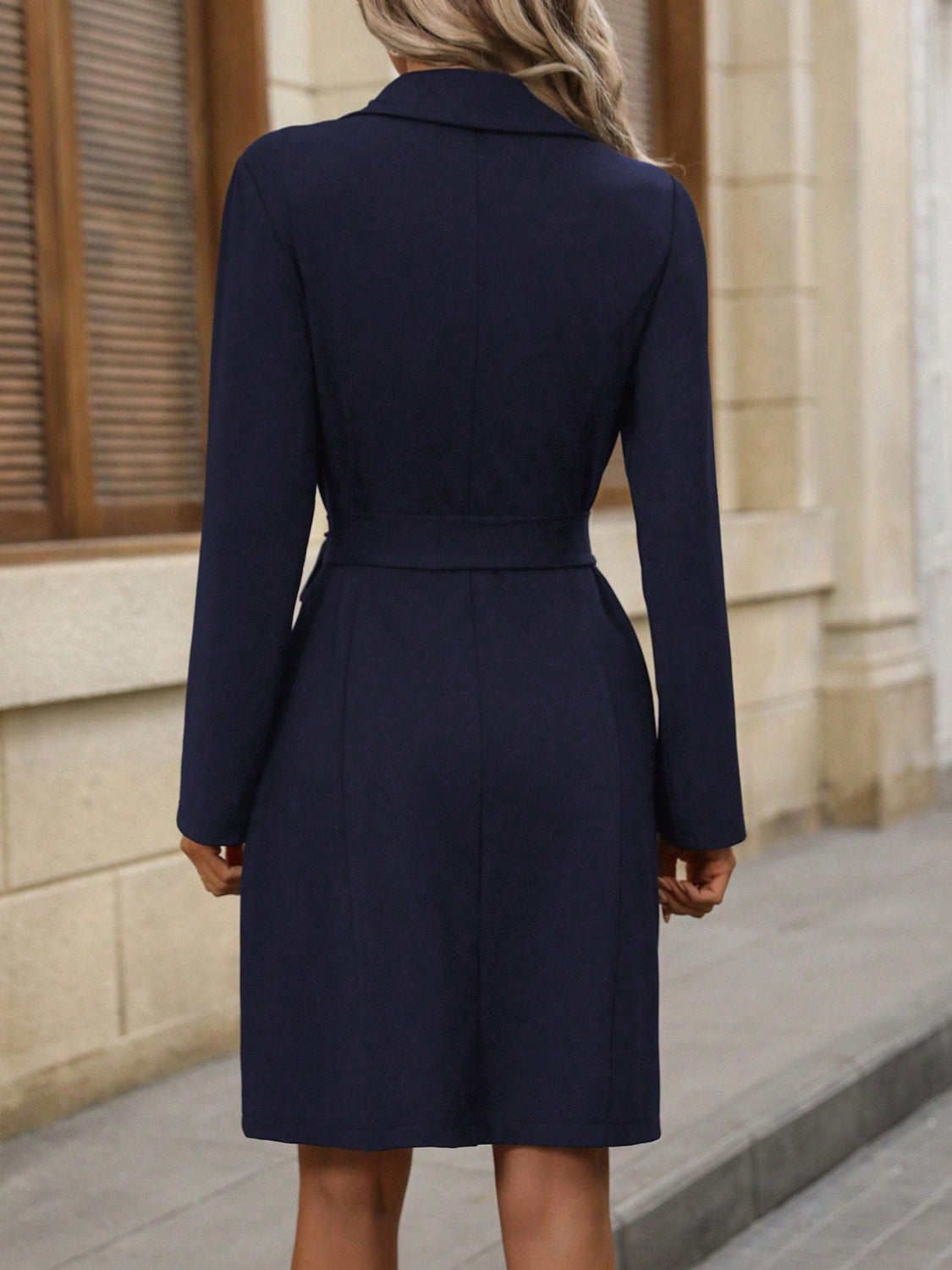 Double-Breasted Lapel Collar Long Sleeve Dress - Classique Collection