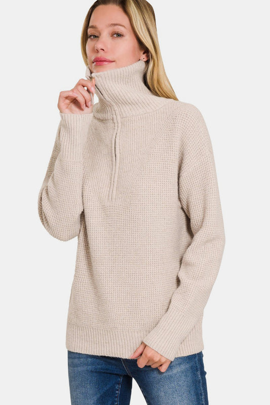 Zenana Half Zip Long Sleeve Sweater - ClassiQ