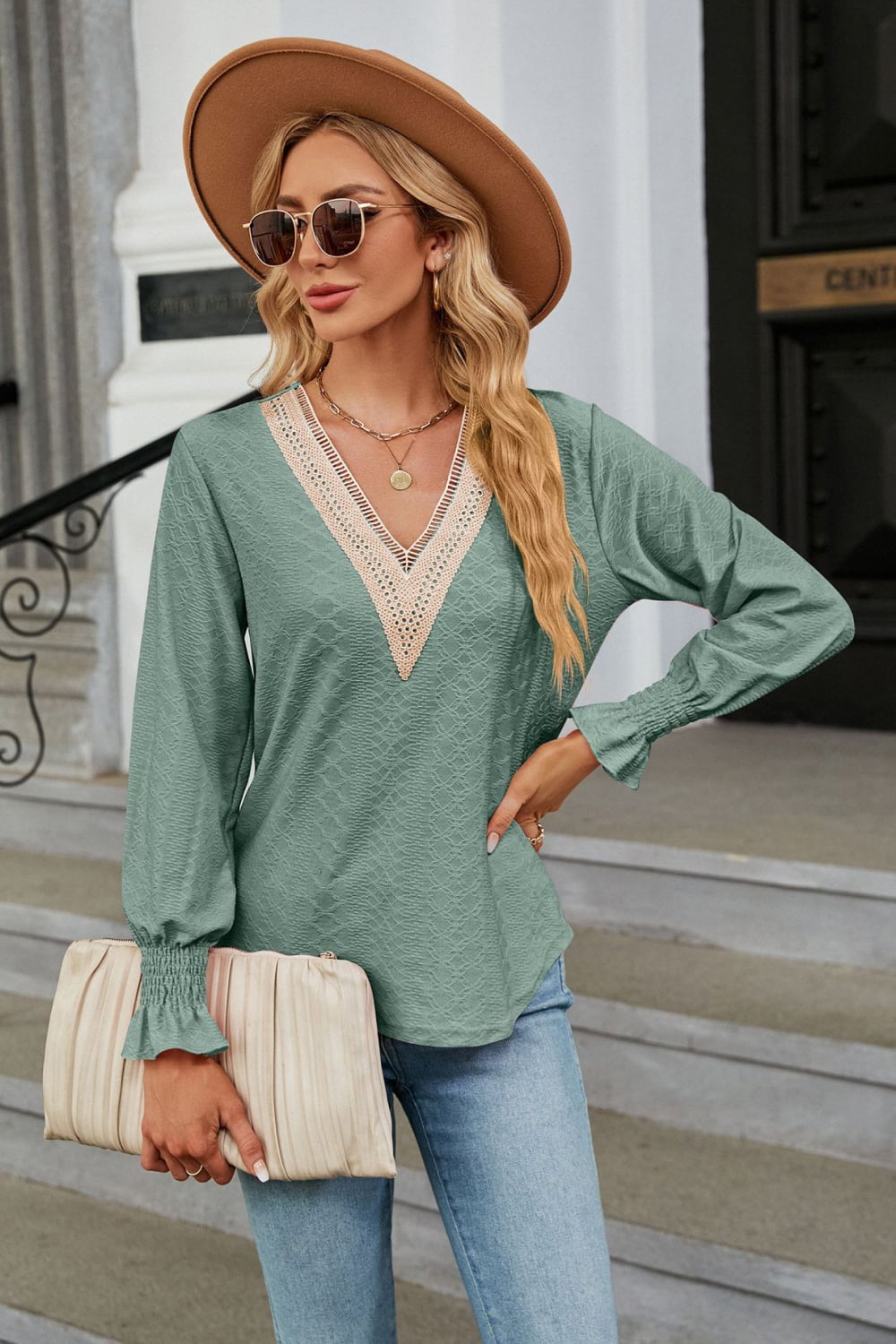 V-Neck Flounce Sleeve Blouse - Classique Collection