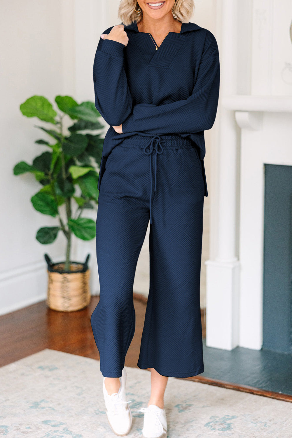 Textured Collared Neck Top and Wide Leg Pants Set - ClassiQ