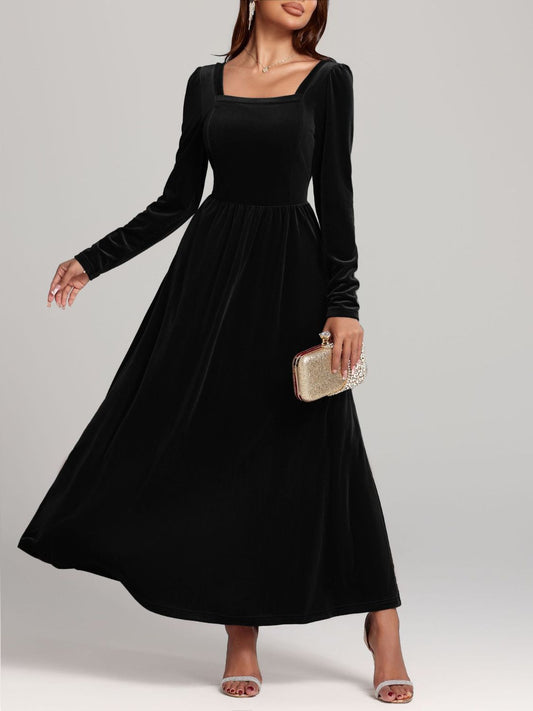 Velvet Square Neck Long Sleeve Dress - Classique Collection
