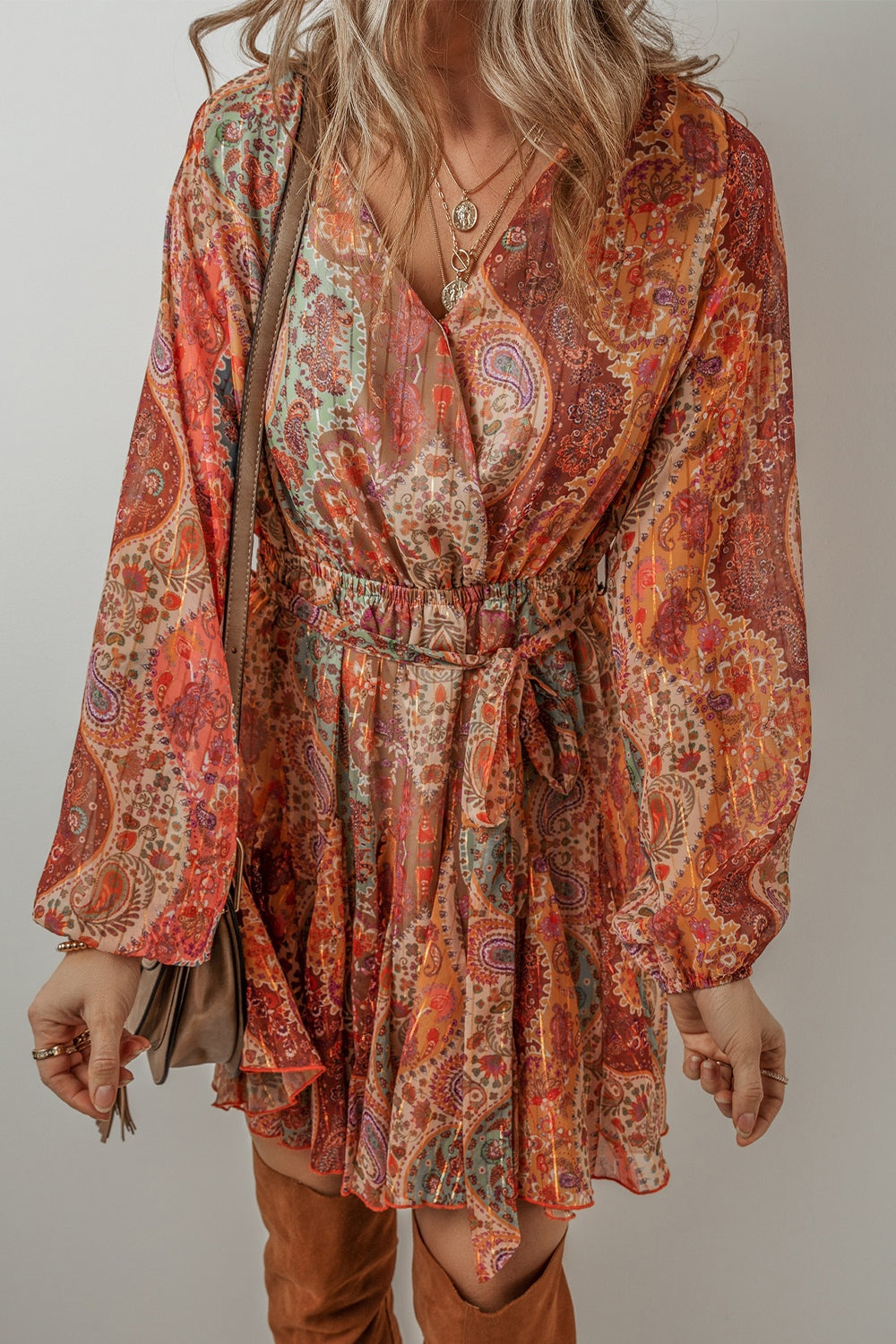 Tied Printed Balloon Sleeve Mini Dress - Classique Collection