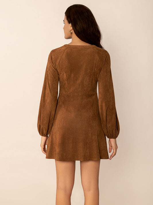 Notched Button Down Long Sleeve Mini Dress - Classique Collection