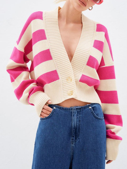 Striped Button Down Drop Shoulder Cardigan - Classique Collection