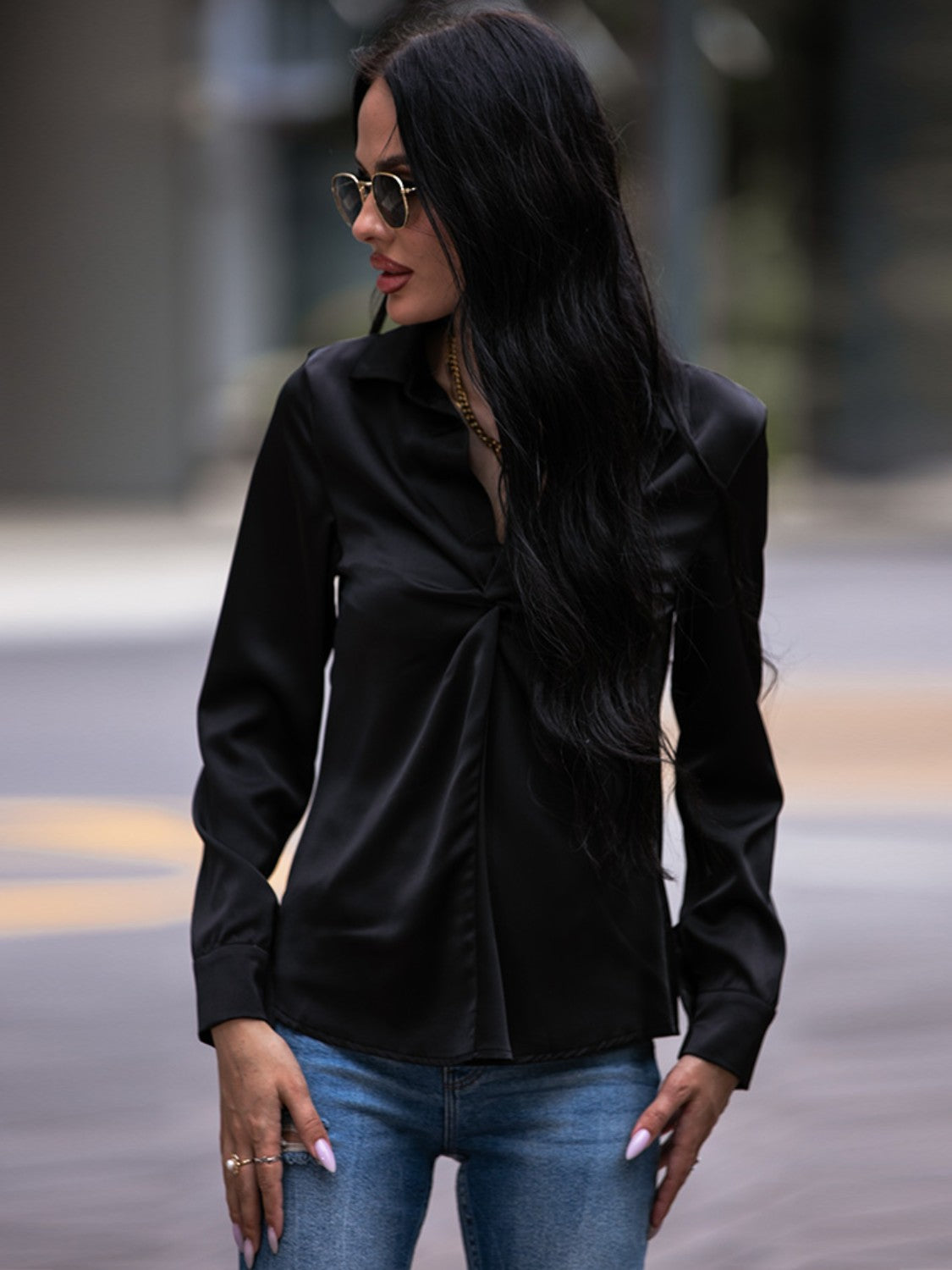 Shiny Twist Front Collared Blouse - Classique Collection