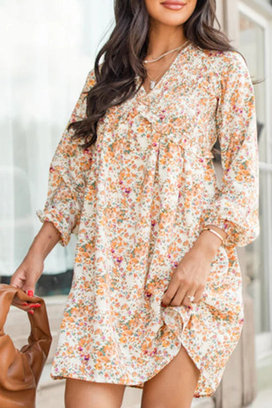 Printed V-Neck Balloon Sleeve Mini Dress - Classique Collection